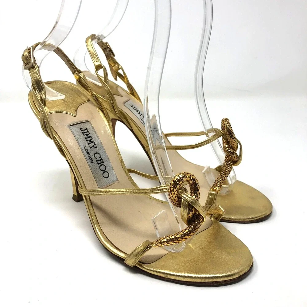 Jimmy Choo Stilletto Heels Womens 35.5 US 5.5 Leather‎ Gold Strappy Slingback